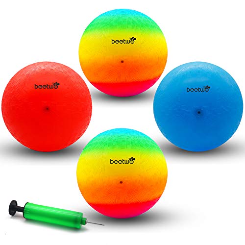 Four Square Balls, 8.5 Inch Playground Ball for Kids Outdoor Dodgeball Kickball Handball Game with Hand Pump - color: Blue (1 ball), Red (1 ball), Rainbow (2 balls)