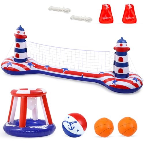 EagleStone Inflatable Pool Float Set with Volleyball Net & Basketball Hoop,2-in-1 Floating Water Games for Kids Adults, Backyard Beach Summer Toys, Heavy-Duty PVC Family Pool Party Essentials - color: Red