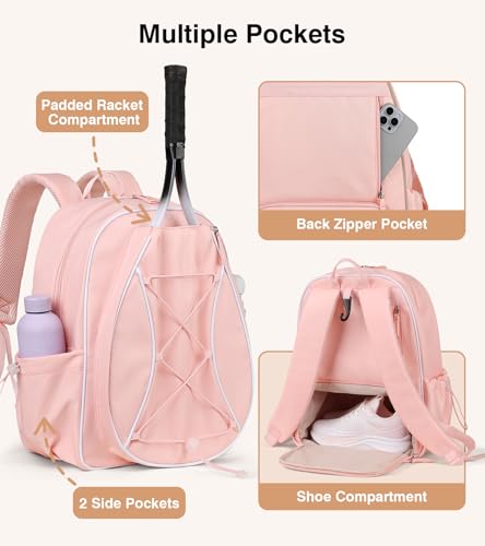Marvolia Tennis Bags for Women Men, Tennis Backpack Holds 2 Rackets with Ventilated Shoe Compartment & Wet Pocket, Tennis Racket Bag Backpack for Pickleball Tennis Badminton - color: Pink