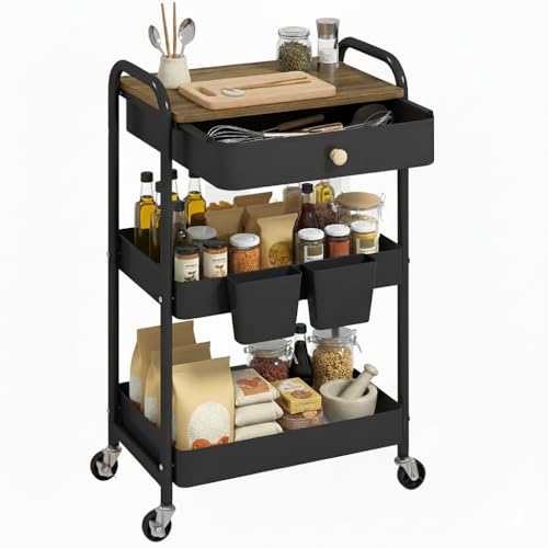 danpinera Rolling Cart with Drawers, Black Storage Cartwith Locked Wheels, Hooks & Hanging Cups for Any Room - color: Black, size: without pegboards