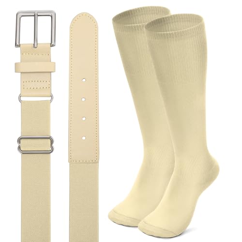 XZQTIVE Baseball Softball Socks and Baseball Softball Belt Combo Set Knee-High Soccer Socks for Kids Youth Adult - color: Cream, size: Kid