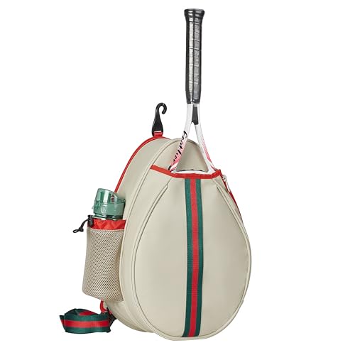 White PU One Shoulder Crossbody Tennis Backpack Girls Tennis Bag Tennis Racket Sling Bag for Women, with Water Bottle Holder - color: Khaki