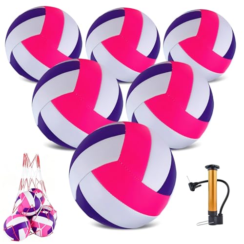 6 Pack Volleyballs Official Size 5, Waterproof Soft Bulk Recreational Volley Balls with Pump and Net Bag for Indoor Outdoor Beach Sand Water Pool Game Training Match for Beginner - color: Dark Purple Pink White