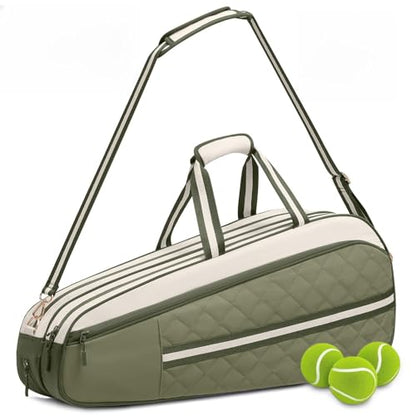 Tennis Bag for Women & Men, 3-6 Rackets Tennis Racket Bag with Shoe Compartment & Insulated Pocket, Water-Resistant Gym Bag, Perfect Tennis Accessories for Court Training & Daily Use - color: Bean Green - Beige