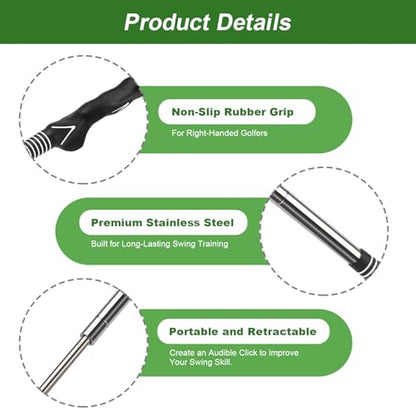 Retractable Golf Swing Trainer with Click Sound & Posture Correction Arm Band, Golf Grip Trainer for Right-Handed, Indoor & Outdoor Training Aid for Beginners to Pros