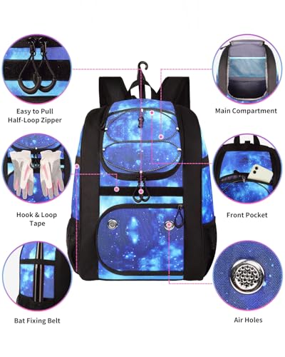 MATEIN Softball Bag, Lightweight Baseball Backpack with Shoe Compartment, Baseball Bag with Fence Hook for TBall Bat & Equipment, Softball Gifts Catchers Backpack for Women Fit Catcher’s Mitt, Helmet - color: Galaxy Blue