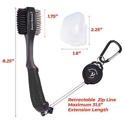Retractable Golf Club Brush | Oversize Double Brush & Ergonomic Grip & Retractable Groove Cleaner & Lanyard - color: Black