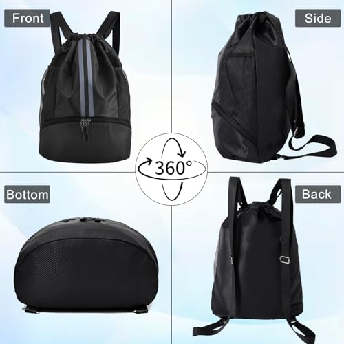 Sports Drawstring Backpack with Shoes Compartment, String Gym Bag with Wet Proof Pocket for Basketball, Soccer, Swim, Black Sport Bag for Men and Women