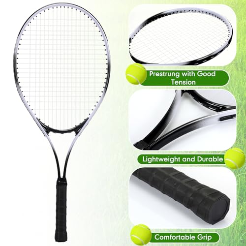 4 Pack Tennis Rackets for Adults Recreational 4 Players Pre Strung 27 Inch Tennis Racquets Lightweight Rackets Bulk with Balls Overgrips for Training - color: Black