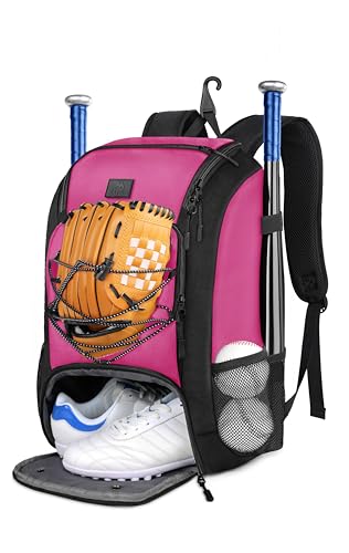 MATEIN Baseball Backpack, Softball Bat Bag with Shoes Compartment for Youth, Boys and Adult, Lightweight Baseball Bag with Fence Hook Hold TBall Bat, Batting Mitten, Helmet, Caps, Teeball Gear - color: Pink Black, size: 29L