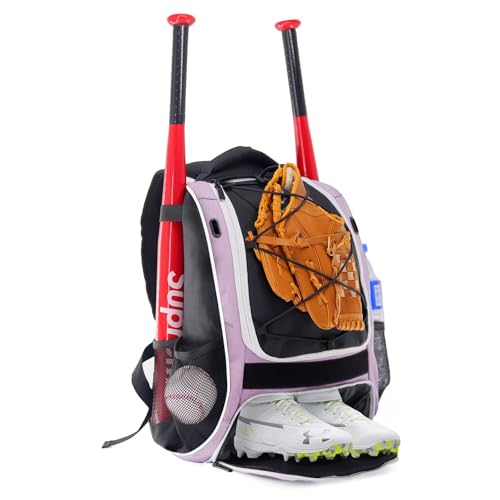 WOLT Youth Baseball Bag - Bat Backpack for Baseball, T-Ball & Softball Equipment & Gear, Bat & Glove Holder, Large Main Compartment for Helmet & accessories, Separate Shoes Compartment, Fence Hook - color: Lightpurple