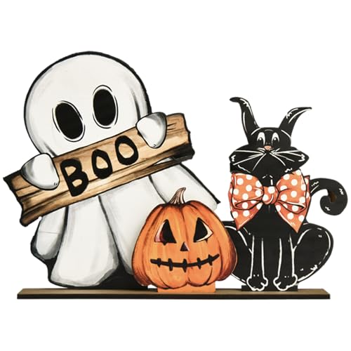 Smile Happy Halloween Wooden Table Decoration, Pumpkin Ghost Boo Black Cat Standing Centerpieces, Indoor Decor for Desk Shelf and Party - style: Halloween