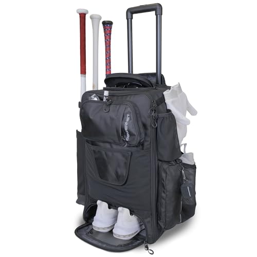 PowerNet Odyssey Softball & Baseball Bag, Rolling Backpack for Baseball Gear, Bat Bag with 4 Bat Sleeves, Cleat Compartment & Hanging Hooks