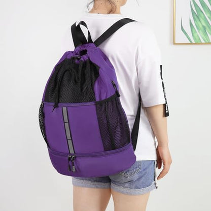 Valleycomfy Drawstring Gym Bag Sports Backpack With Shoe Compartment and Reflective Strips Purple - color: Purple08