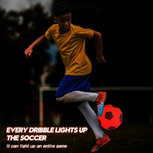 Glow in The Dark Soccer Ball - Water-Resistant, Official Size 5, Light Up with Every Kick, Includes Pump, Manual & Extra Batteries - Perfect Soccer Gifts for Kids and Teen Boys