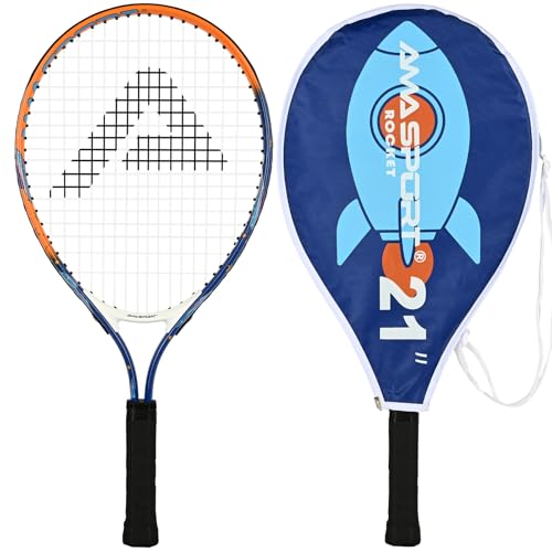 AMA SPORT Kids Tennis Racket 17/19/21/23/25 Inch Tennis Racket for Kids Girls and Boys Beginners Toddlers Starter Junior Racquet with Shoulder Strap Bag (Age 2-10) - color: Rocket-Blue, size: 21"