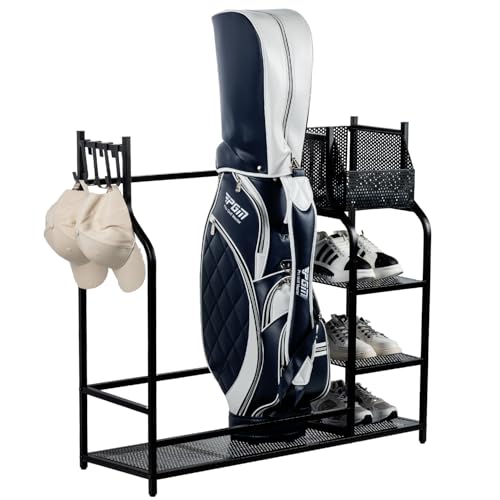 MyGift Golf Bag Stand for Garage, Black Metal Extra Large Golf Garage Storage Organizer with 4 Shelf Ball Holder, Shoe Organizer, and 5 Hook Hanger, Golf Accessories Gift for Men