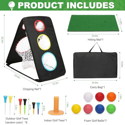 Golf Chipping Net: Ultra-Portable Dual-Sided Triple Target Training System with 400D Canvas for Indoor/Outdoor Backyard Practice – Includes Mat & Foam Balls & Golf Tees (Golfer Gift)