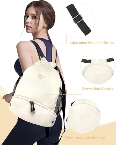RHDZO Drawstring Backpack Gym Backpack with Shoe Compartment for Men Women String Sports Bag with Wet Pocket Cinch Swim Beach Bag, Large Beige - color: Large Beige