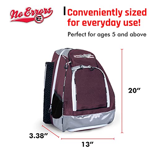 No Errors Sports RBP Rookie Baseball and Softball Backpack - Youth Baseball and Softball Bat Bag with Fence Hooks - Baseball and Softball Equipment Bag for Kids - color: Maroon