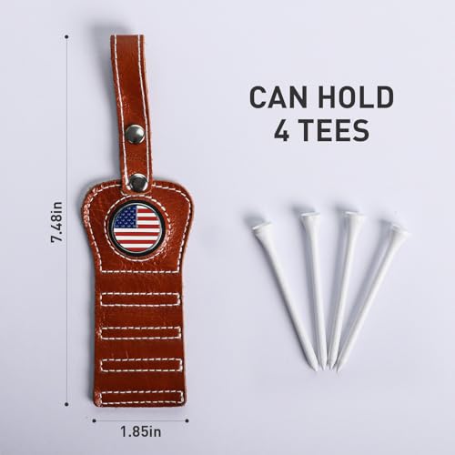 VEASAERS Golf Tee Holder with USA Ball Marker 4 Pcs White Wood Tees, Portable Hold Different Tee Leather Gift Hook Hanging Clip to Golf Bag Belt - color: Brown