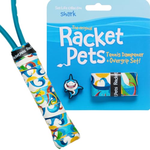 Racket Pets Kids Tennis Racket Dampener & Matching Overgrip Tape, Performance Shock Absorbing Dampener for Tennis Racket & Fun Animal Print Tennis Wrap Grip Tape - style: Shark