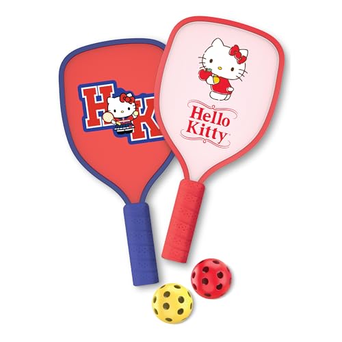 Hello Kitty Pickleball Paddle Set, 2 Paddles with Comfort Grip Handles and 2 Pickleball Balls, Cute Pink & Blue Character Design for Recreational Play