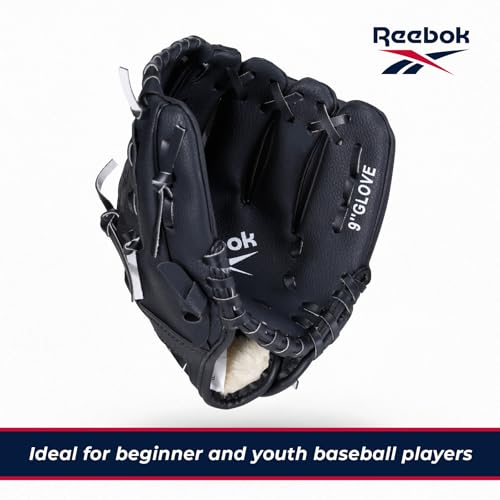Reebok - Youth Baseball Glove Set, 9-Inch Kids Sports Glove with Foam Ball, Training Mitt for Beginners, Practice & Backyard Play - color: Black