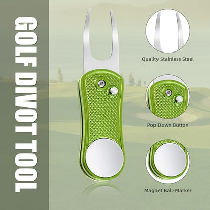 Mile High Life Golf Divot Repair Tool, All Metal Foldable Divot Tool with Pop-up Button & Magnetic Ball Marker - color: Lime Green Undulate
