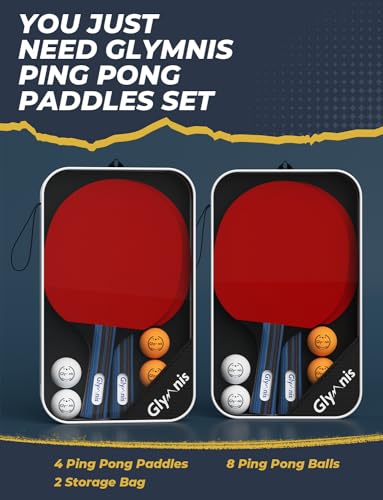 Glymnis Ping Pong Paddles Set Table Tennis Rackets with Balls, Storage Case for Indoor Outdoor Table Tennis Paddle Game Accessories - style: 4 Paddles+8 Balls