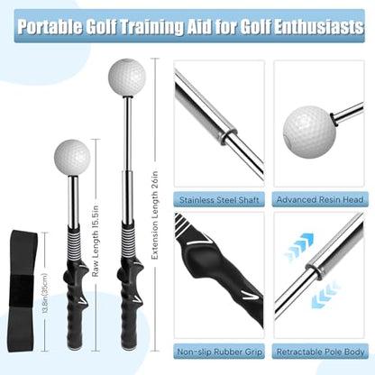 Montela Retractable Golf Swing Trainer, Right-Handed Training Aid with Grip Trainer and Arm Band for Swing Tempo & Chipping, Indoor Outdoor Practice for Beginners