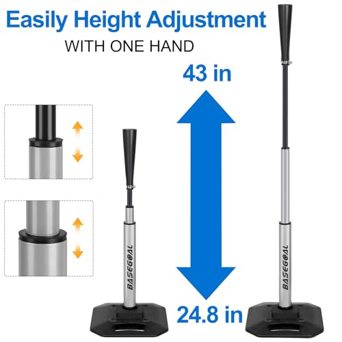 BaseGoal Baseball & Softball Batting Tee,Portable Hitting Tee,with Heavy Duty Base,Rolled Flexible Rubber Top,Adjustable Height for Kids or Adults - color: Gray Pro