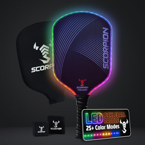 SCORPION LED Pickleball Paddles Set of 2 or 1 – Lightweight Rackets with LED Edge Lighting | Carbon Fiber/Fiberglass/Wood Face | Durable Paddles for Women, Men, and Kids | Includes Bonus Accessories - color: Emperor 16mm Carbon Fiber Gen 2 - (Pro Control)