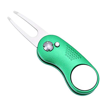 Mile High Life Golf Divot Repair Tool, All Metal Foldable Divot Tool with Pop-up Button & Magnetic Ball Marker - color: Green Curve