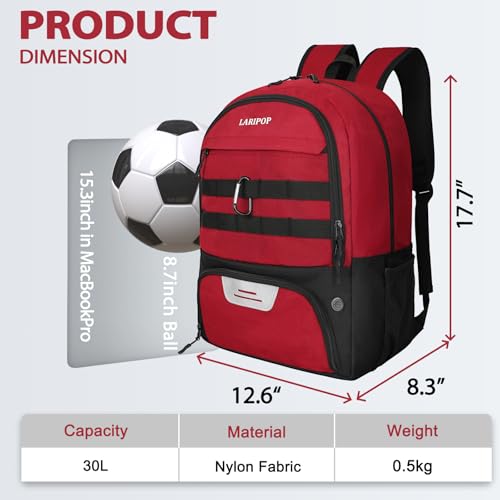LARIPOP Soccer Backpack with Ball Holder & Shoe Compartment Large Capacity Youth Sports Bag for Training - color: Dark red