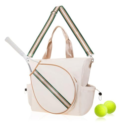 Tennis Bag for Women Racket Tote, Stylish Backpack - Unisex Racquet Sports Pickleball Bag Convertible Shoulder, Crossbody Strap Large Compartment - color: Tote - Ivory/Green Gold