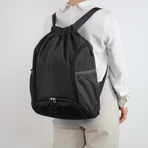 Valleycomfy Sports Gym Bag Drawstring Backpack with Shoes Basketball Bag and Two Water Bottle Holder,Black