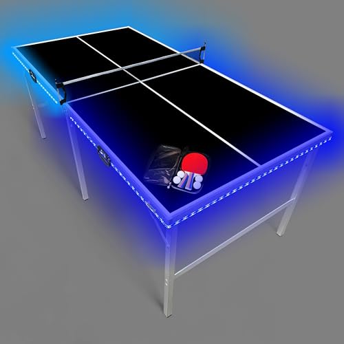 PartyLife 6 ft x 3 ft Ping Pong Table Tennis Table | Mid-Size Portable Folding Indoor Outdoor Ping Pong Table Tennis Table w/Optional LED Lights | Kids & Adults | Game Room | Not Full Size | Game Kit - color: Black, size: 6ft x 3ft - LED Lights
