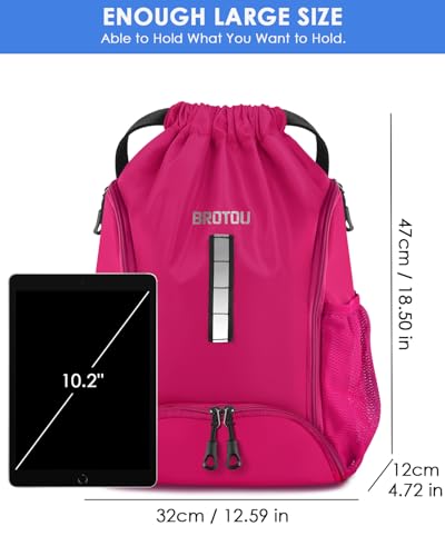 BROTOU Soccer Drawstring Backpack, Basketball Bag, Volleyball Football Bags with Ball and Shoe Compartment - color: Rose Red