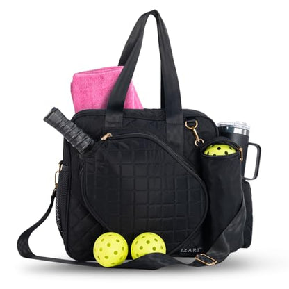 IZARI Designer Pickleball Bag For Women With Fence Hook | Original Stylish Quilted Sports Bag for Pickle Ball with Ball Bag - size: Large