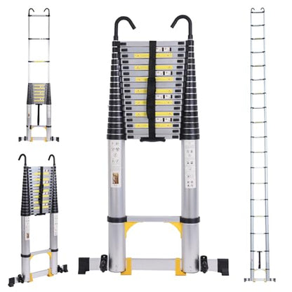 26.2FT Telescoping Aluminum Extension Ladder, Telescopic Ladder with Hooks，330lbs Capacity, Multi-Purpose Collapsible for Home, Outdoor Work, Silvery