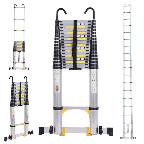 26.2FT Telescoping Aluminum Extension Ladder, Telescopic Ladder with Hooks，330lbs Capacity, Multi-Purpose Collapsible for Home, Outdoor Work, Silvery