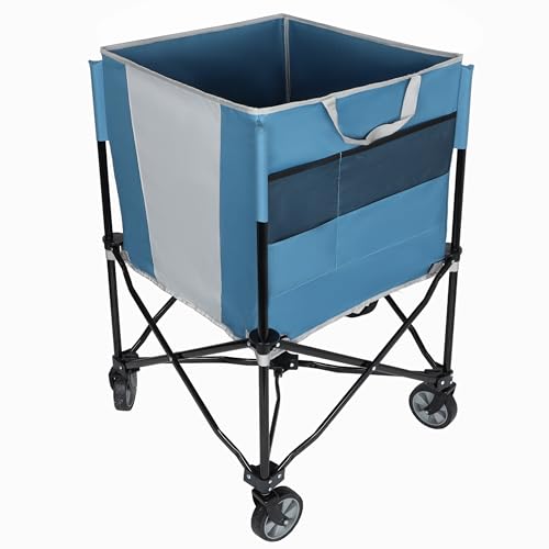 Blue & Gray Rolling Ball Collapsible Wagon, Collapsible Design, Steel Frame, Folding Camping Cart for Yard, Volleyball Basketball Tennis Toy Storage Multi-Sport Family Gym, 20x20x37 in