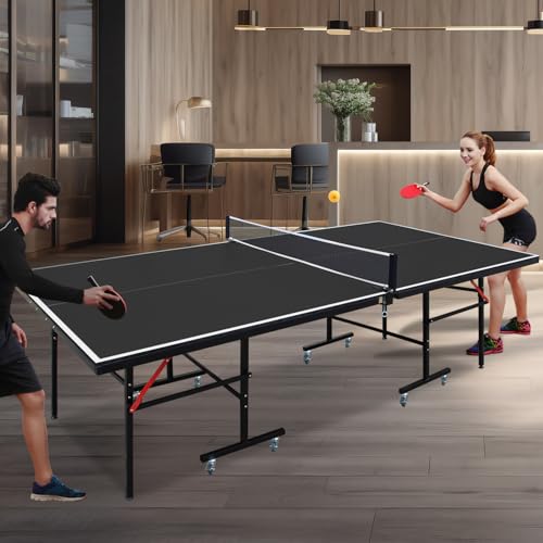 Ping Pong Table Foldable & Portable 6/8/9FT Table Tennis Table Set for Indoor & Outdoor Games with Net & Post, 2 Table Tennis Paddles and 3 Balls - color: Black-8FT with Wheels