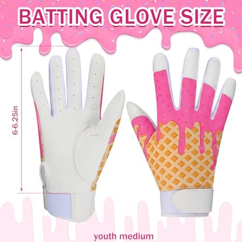 JenPen 1 Pair Youth Ice Cream Drip Batting Gloves 6 Inch Baseball Batting Gloves Long Cuff Leather Ice Cream Drip Pattern Mitt Grip Finger for Softball Teeball Baseball Kids Youth Boys - color: Pink, size: M Size