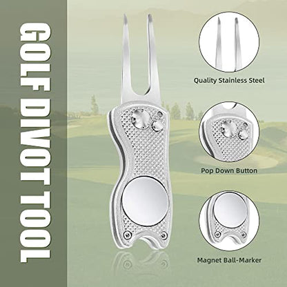 Mile High Life Golf Divot Repair Tool, All Metal Foldable Divot Tool with Pop-up Button & Magnetic Ball Marker, 2-6 Pack - color: 4 Pack Silver