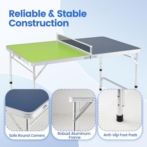 Goplus Foldable Ping Pong Table, 100% Preassembled, Table Tennis Table with Net, 2 Paddles, Ping Pong Balls, Portable Table Tennis Game Set for Indoor Outdoor - style: Blue&Green-48''