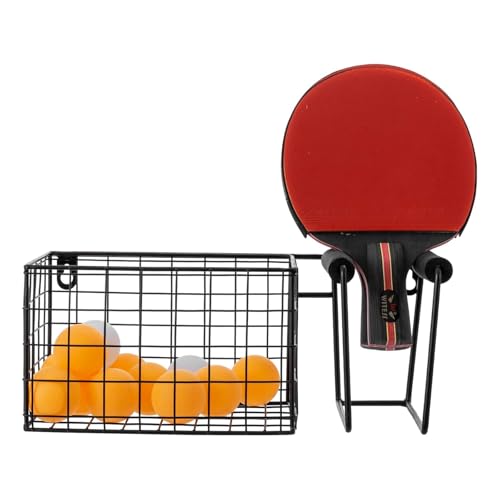 MyGift 12 Inch Wide Table Tennis Equipment Organizer Rack, Wall Mounted Metal Paddle Holder with Ping Pong Ball Storage 5 x 5 Inch Size Basket