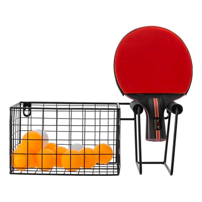 MyGift 12 Inch Wide Table Tennis Equipment Organizer Rack, Wall Mounted Metal Paddle Holder with Ping Pong Ball Storage 5 x 5 Inch Size Basket