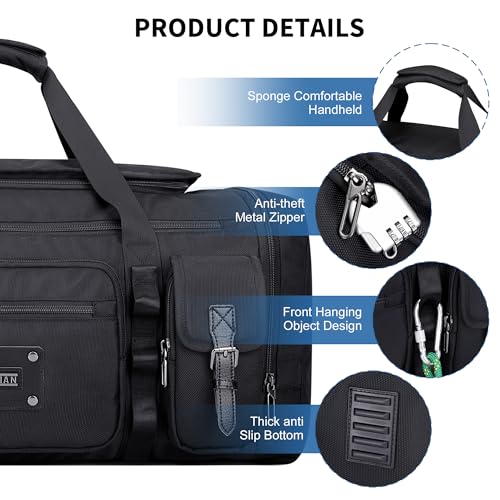 WITZMAN Duffle Bag for Men Large Carry On Weekender Bag 54L Nylon Duffle Gym Bags for Travel with Shoes Compartment(B717 Black)